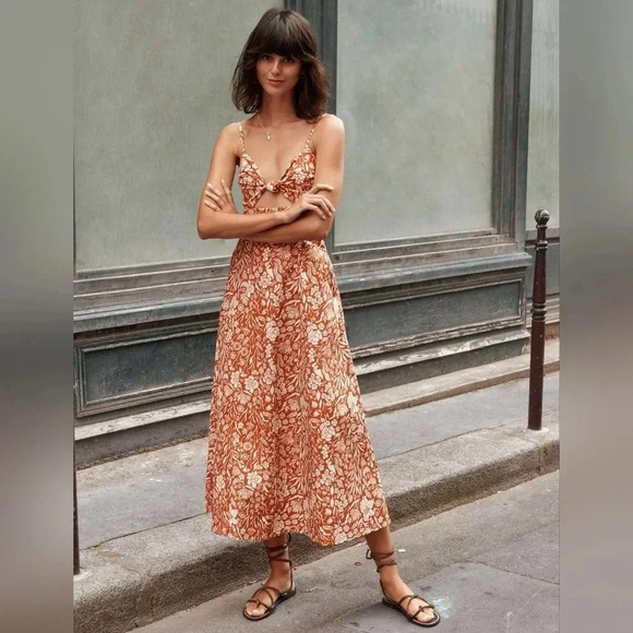 Pixie Market Custom Adobe Boho Floral Sundress Print Knot Midi Dress Size XS. - Picture 2 of 15